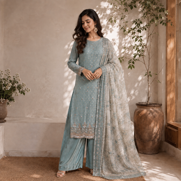Sage Bloom Embroidered Suit Set
