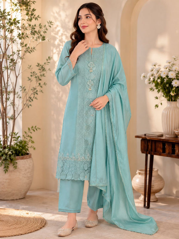 Blush Rose & Aqua Mist Heavily Embroidered Lawn Suit Set