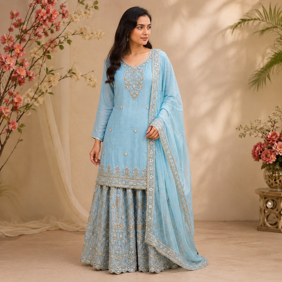 Azure Blue Embroidered Sharara Set