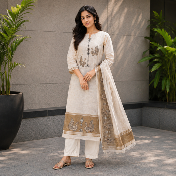 Swan Embroidered Linen Suit Set
