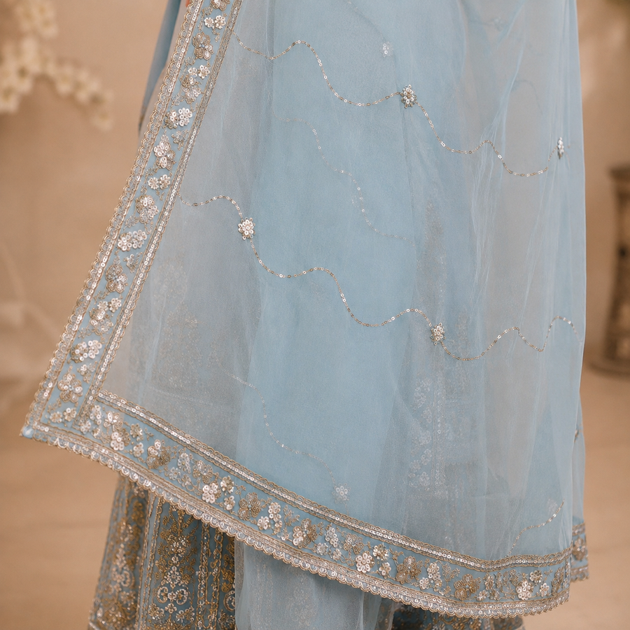 Azure Blue Embroidered Sharara Set