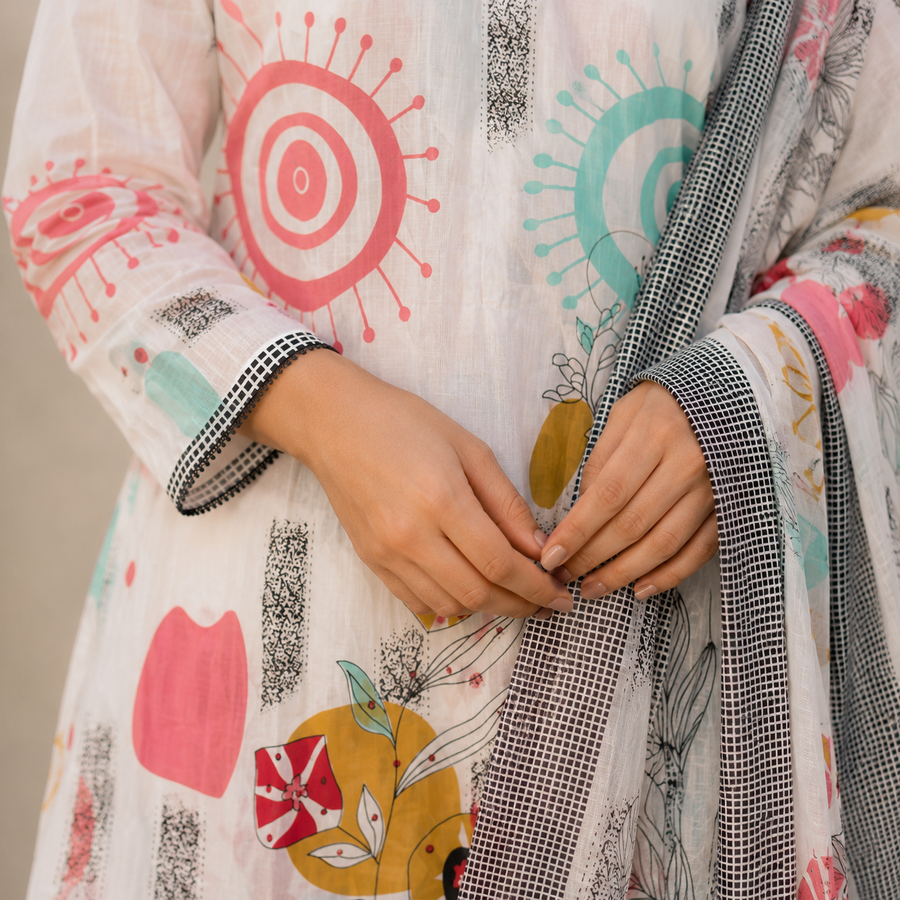 Ivory Abstract Floral Cotton Suit Set