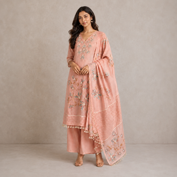 Peach Floral Embroidered Suit