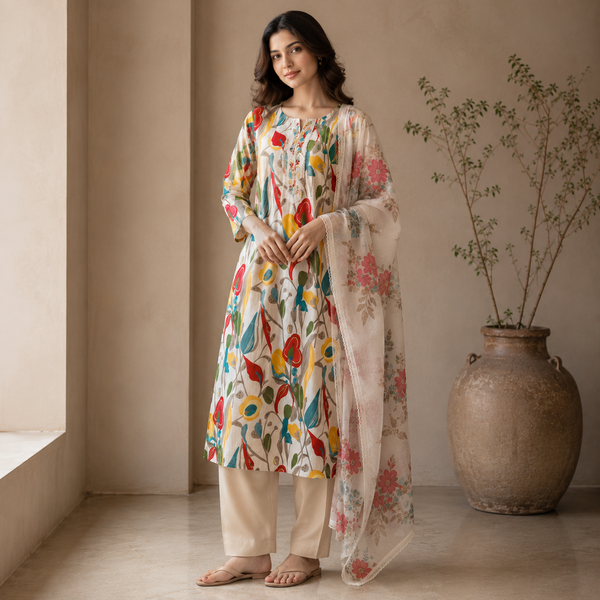 Ivory Bloom Printed Cotton Suit Set