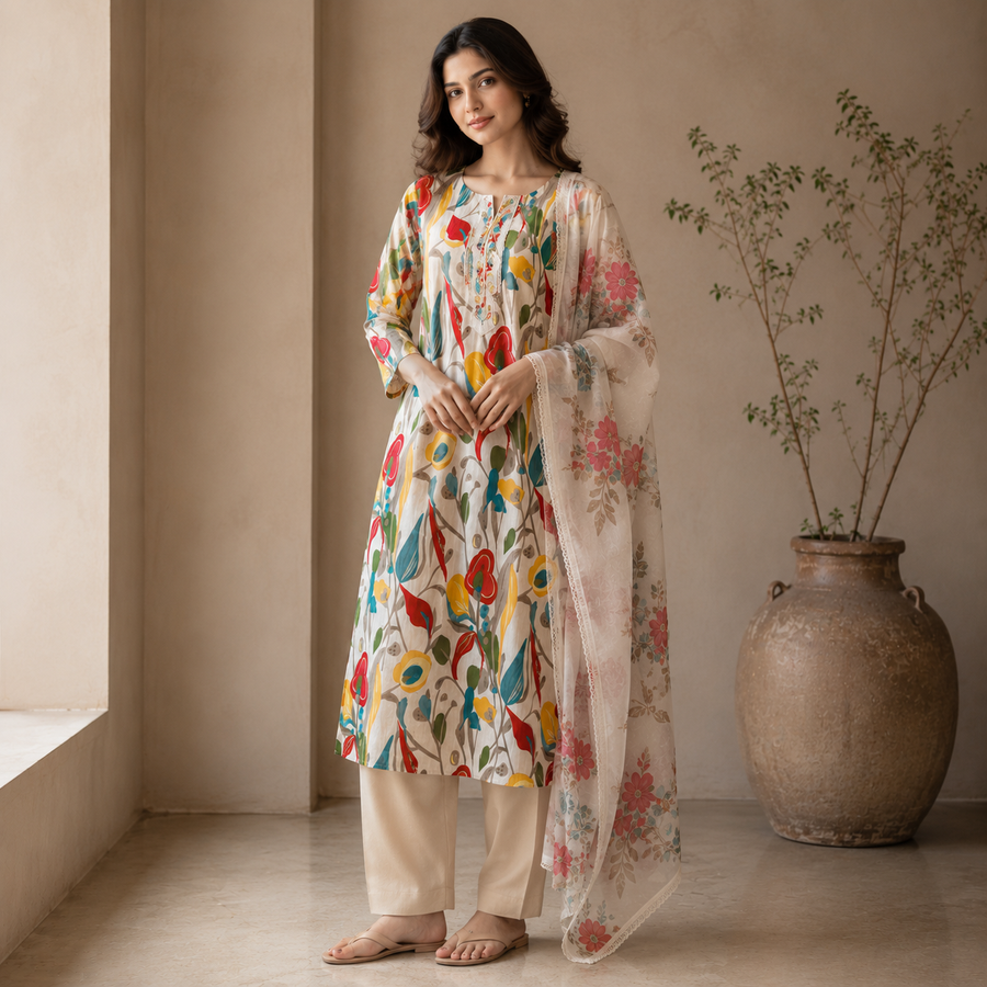 Ivory Bloom Printed Cotton Suit Set