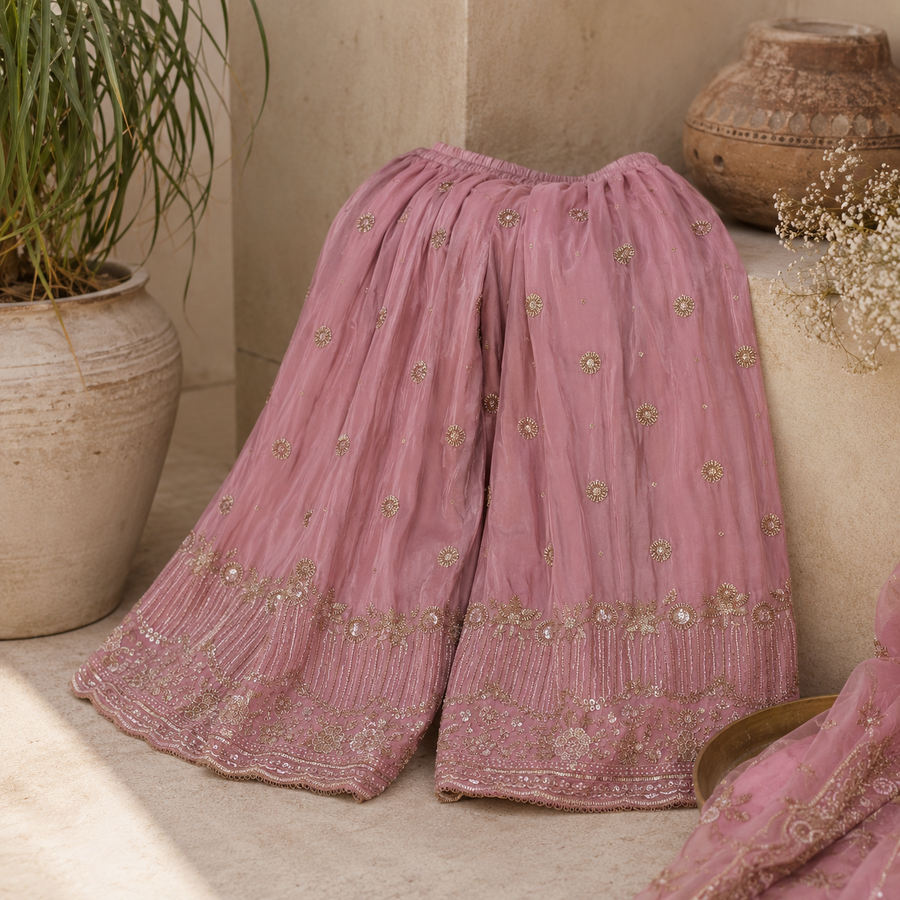 Dusty Rose Embroidered Sharara Set