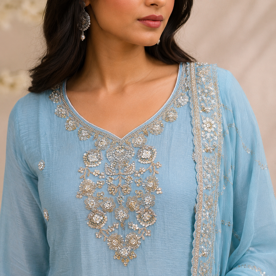Azure Blue Embroidered Sharara Set