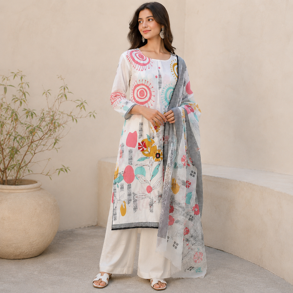 Ivory Abstract Floral Cotton Suit Set