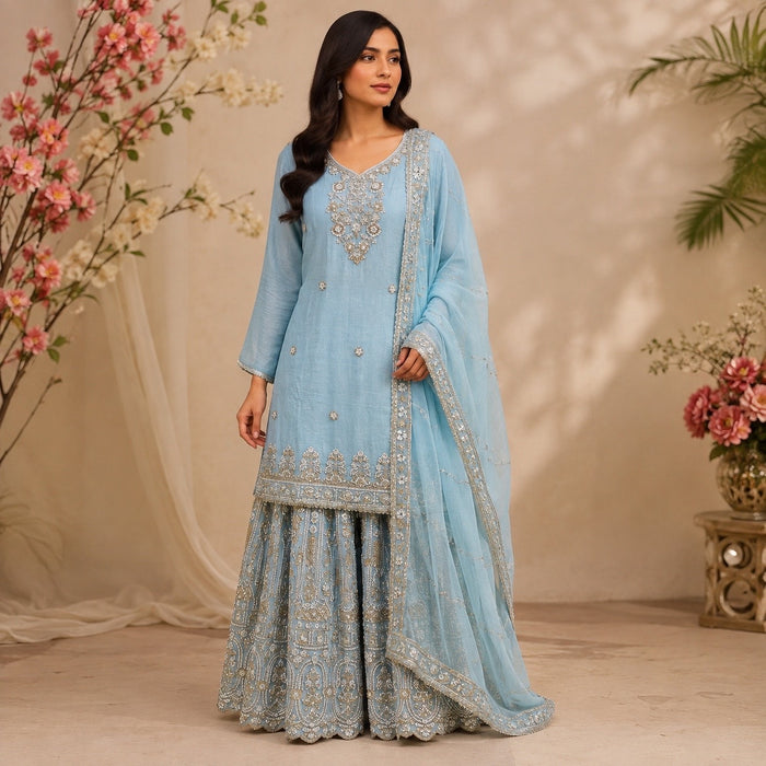 Azure Blue Embroidered Sharara Set