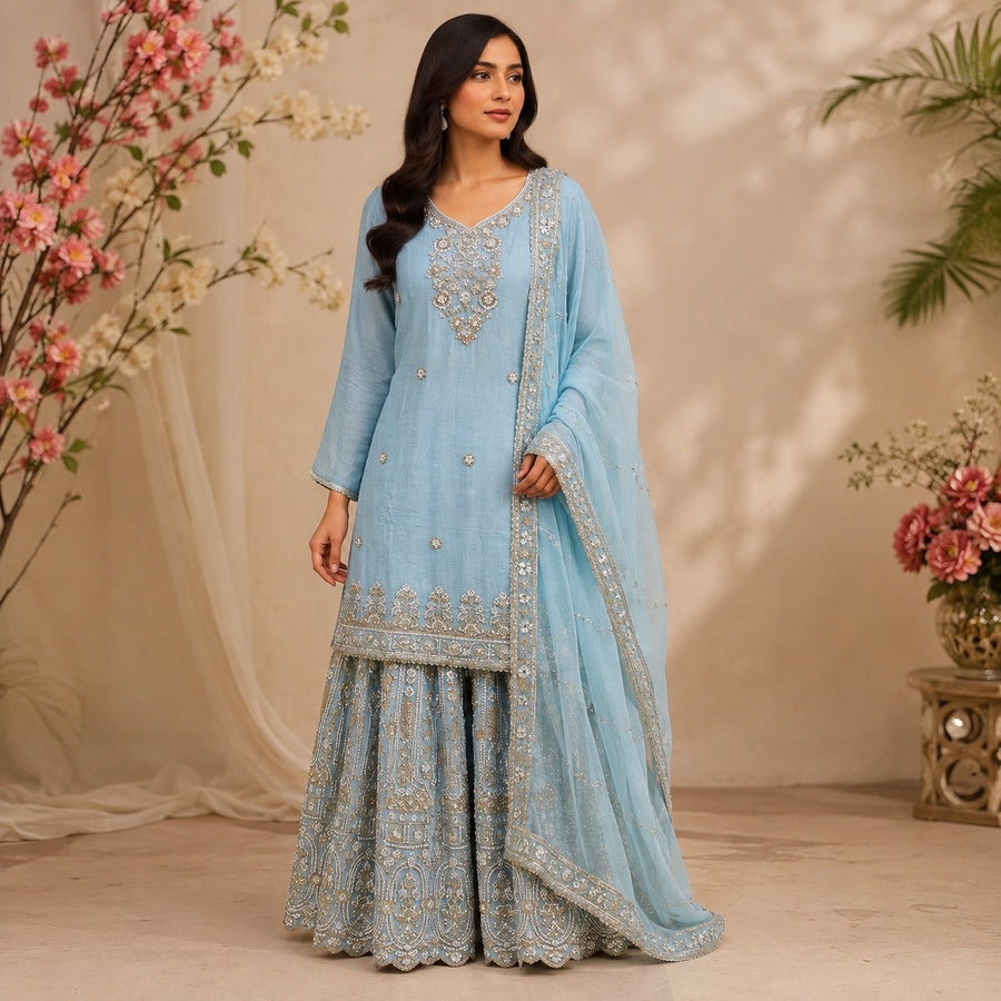 Azure Blue Embroidered Sharara Set