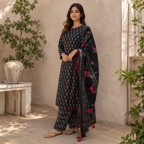 Elegant Black Floral Suit Set