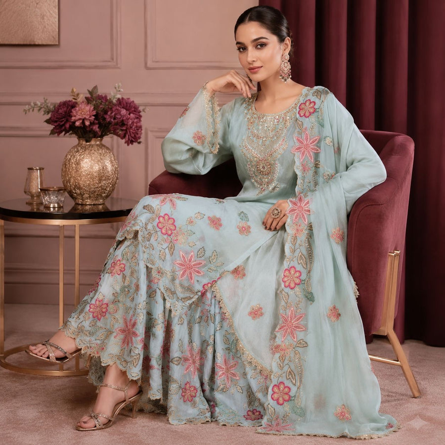 Embroidered Kurta Sharara Set