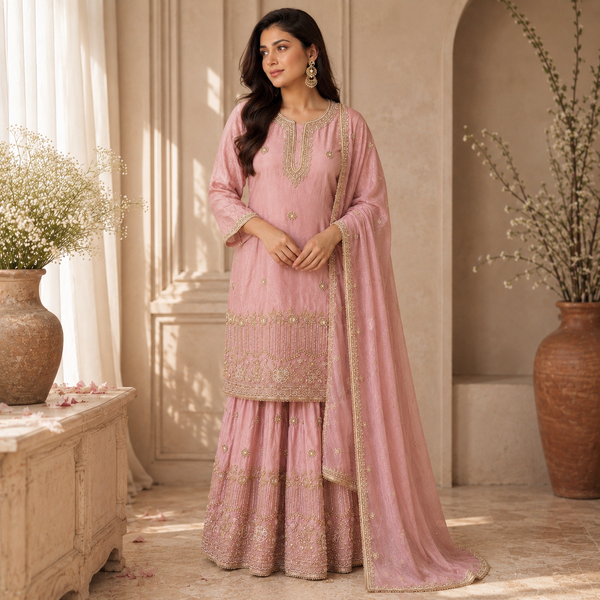Dusty Rose Embroidered Sharara Set