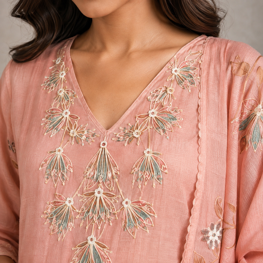 Peach Floral Embroidered Suit