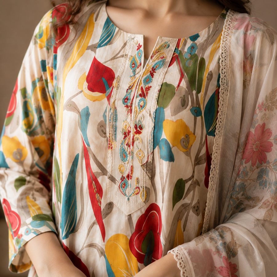 Ivory Bloom Printed Cotton Suit Set