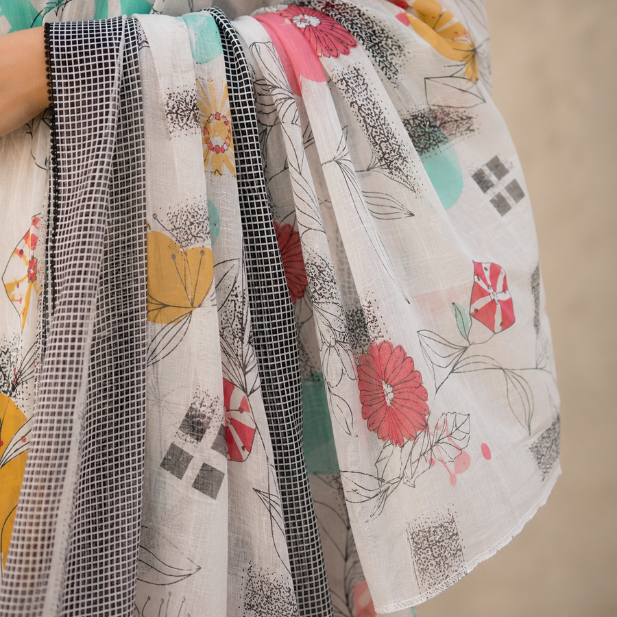 Ivory Abstract Floral Cotton Suit Set