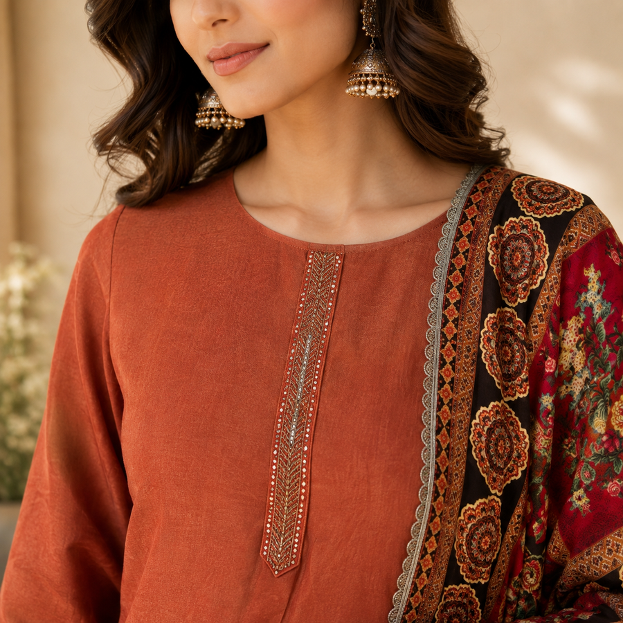 Rust Bloom Embroidered Suit Set