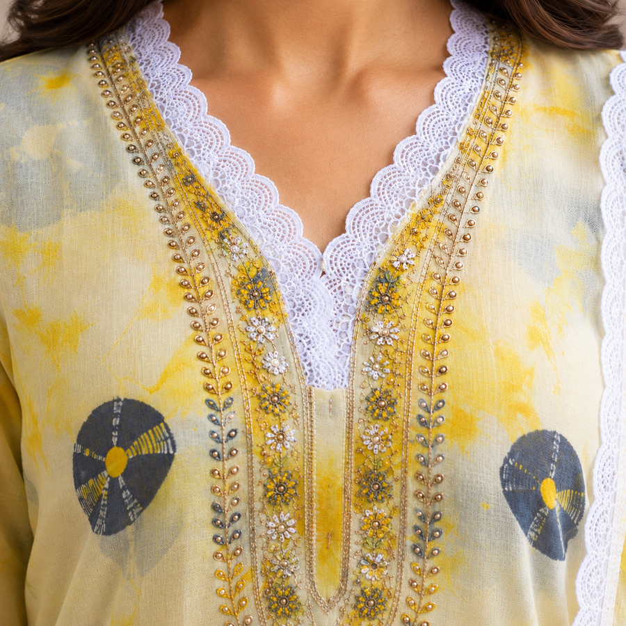 Yellow Floral Embroidered Suit Set