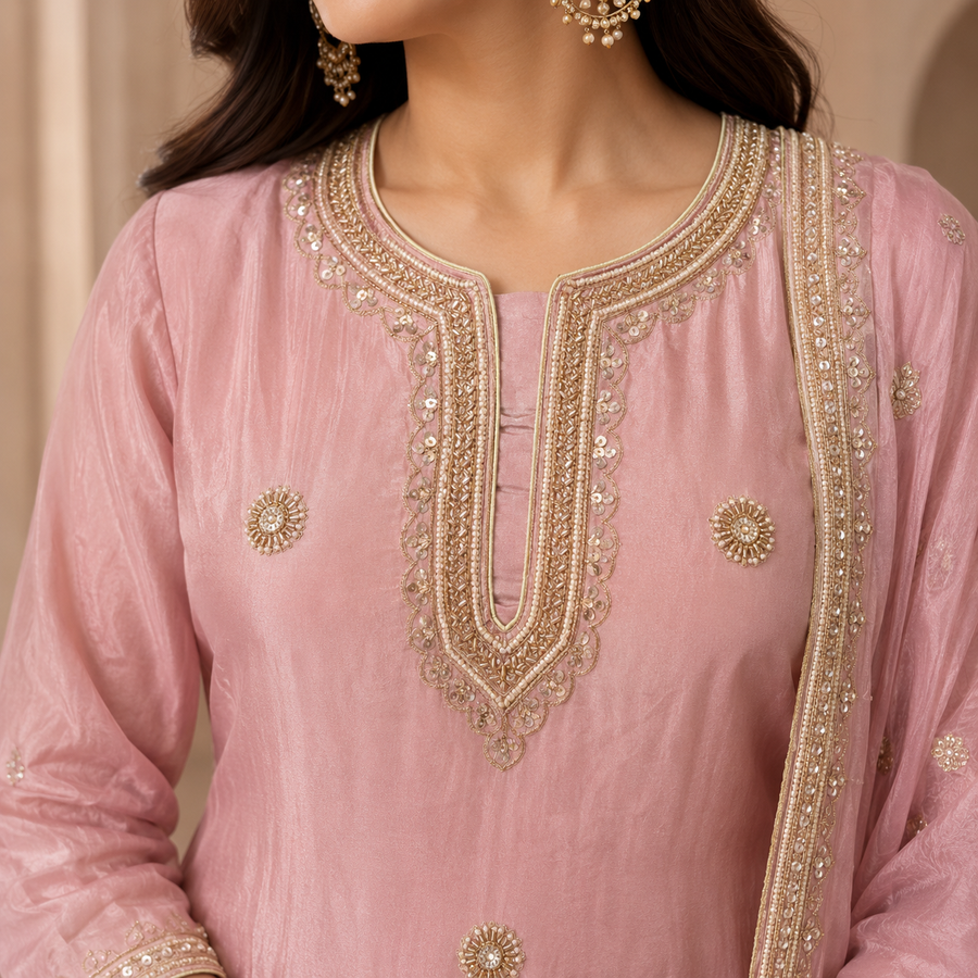 Dusty Rose Embroidered Sharara Set