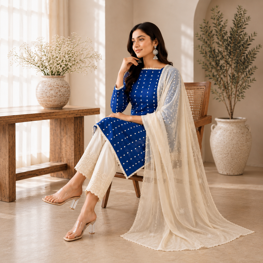 Royal Blue Cotton Kurta Set