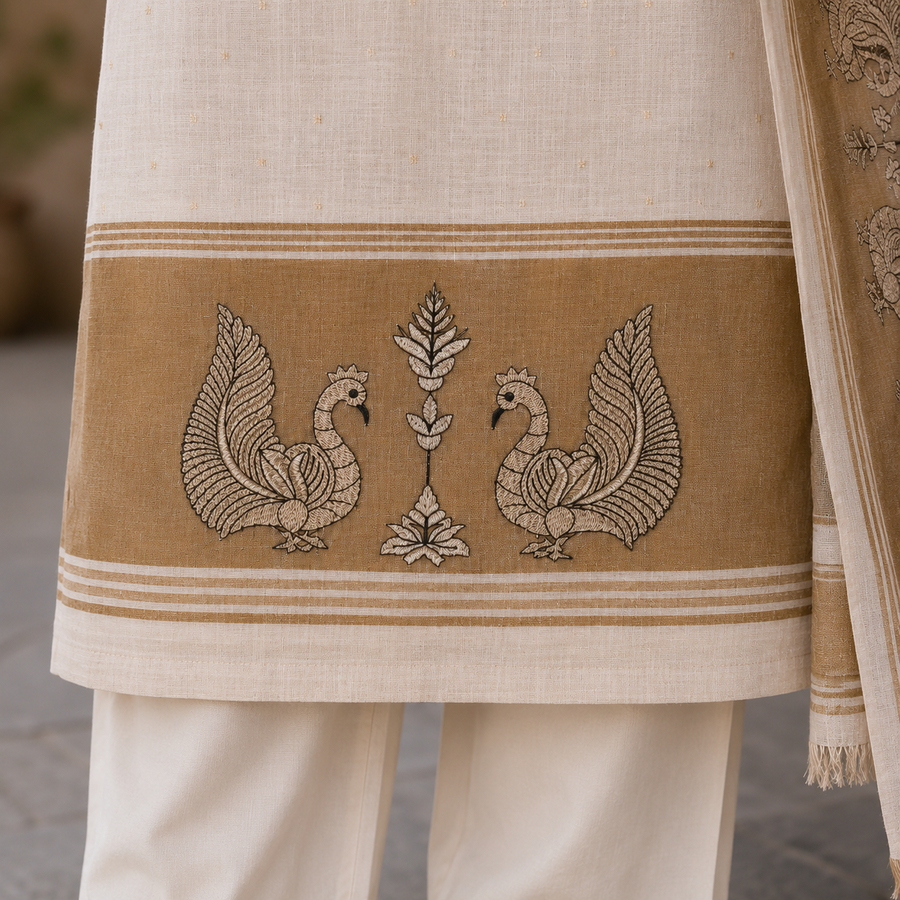 Swan Embroidered Linen Suit Set