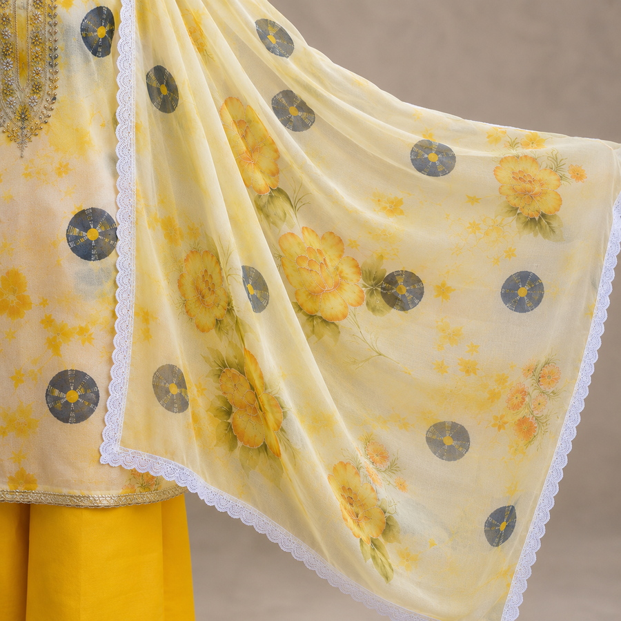 Yellow Floral Embroidered Suit Set