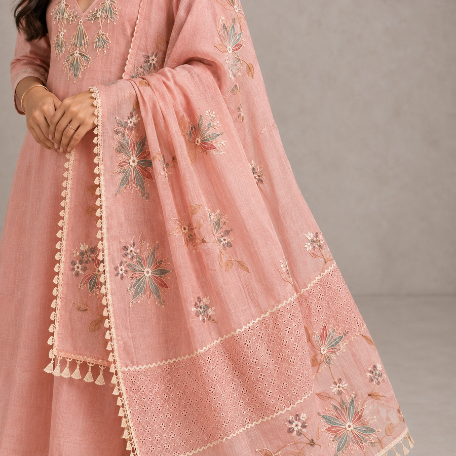 Peach Floral Embroidered Suit