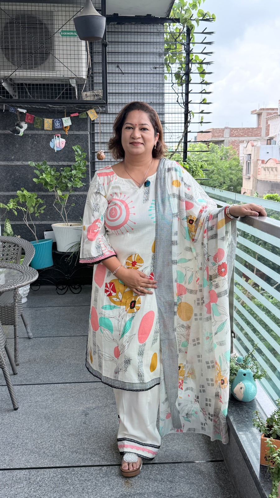 Ivory Abstract Floral Cotton Suit Set