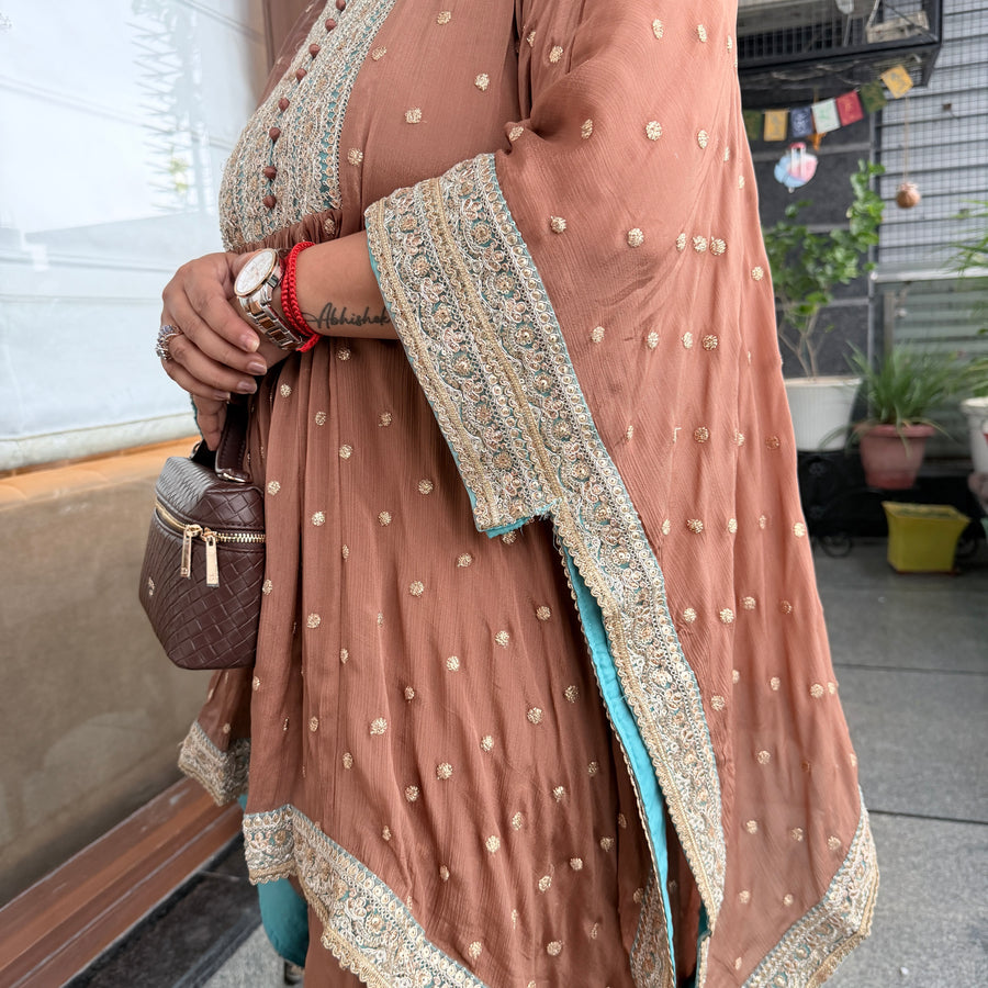 Mocha Mist Embroidered Kaftan Co-ord Set