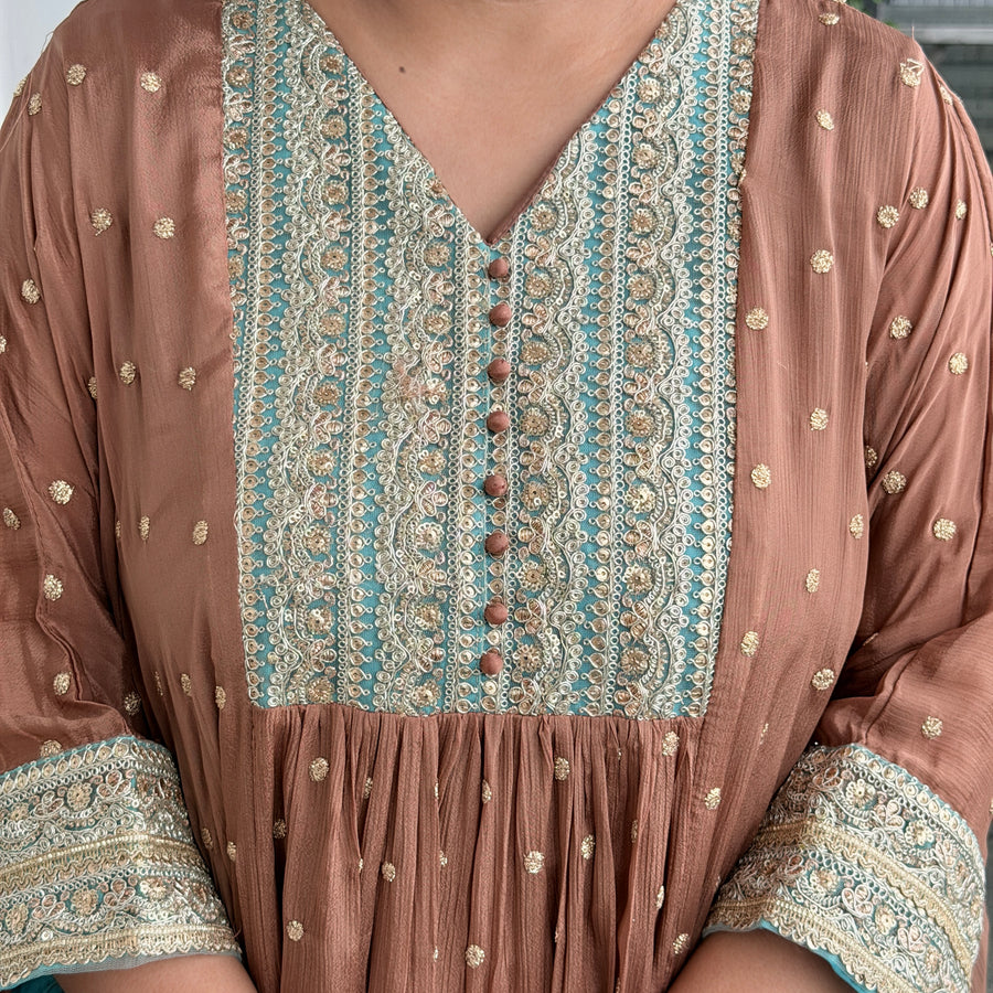 Mocha Mist Embroidered Kaftan Co-ord Set
