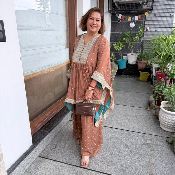 Mocha Mist Embroidered Kaftan Co-ord Set