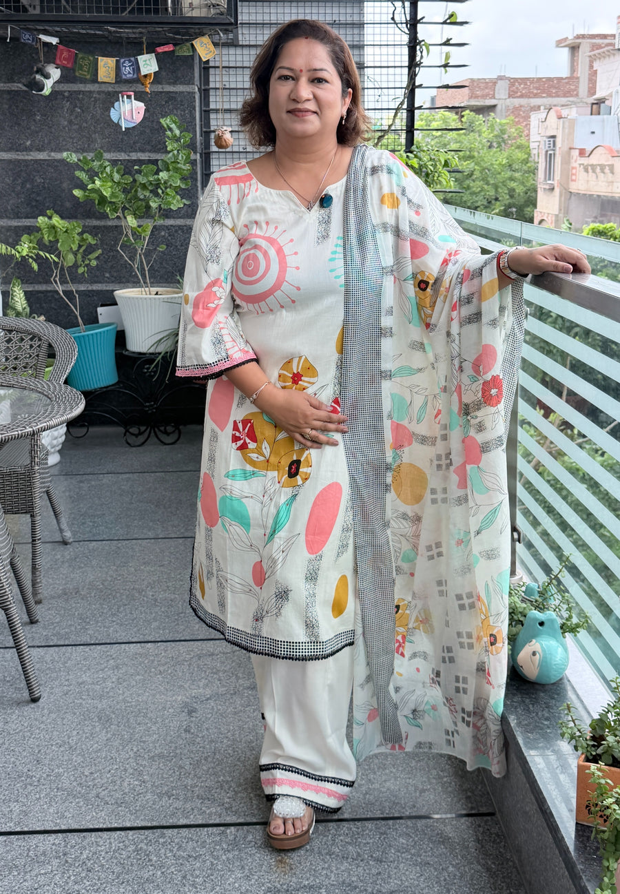 Ivory Abstract Floral Cotton Suit Set