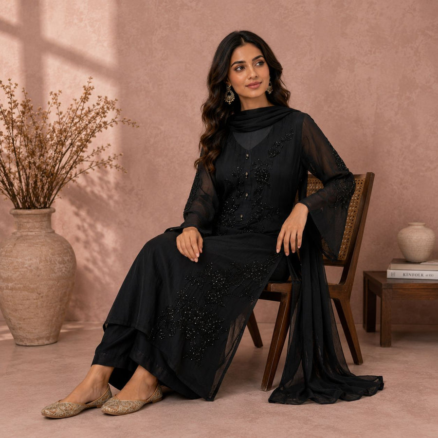 Midnight Noir Luxe Embroidered Suit Set
