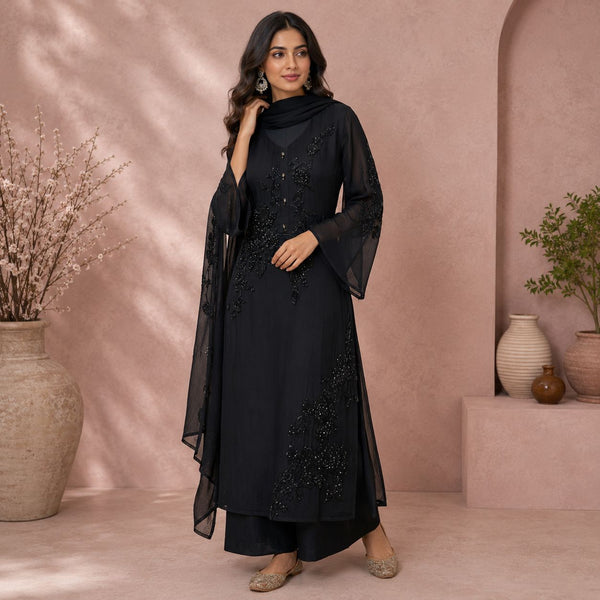 Midnight Noir Luxe Embroidered Suit Set