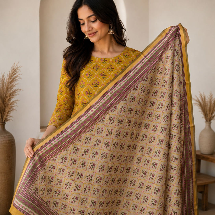 Mustard Bloom Printed Cotton Suit Set