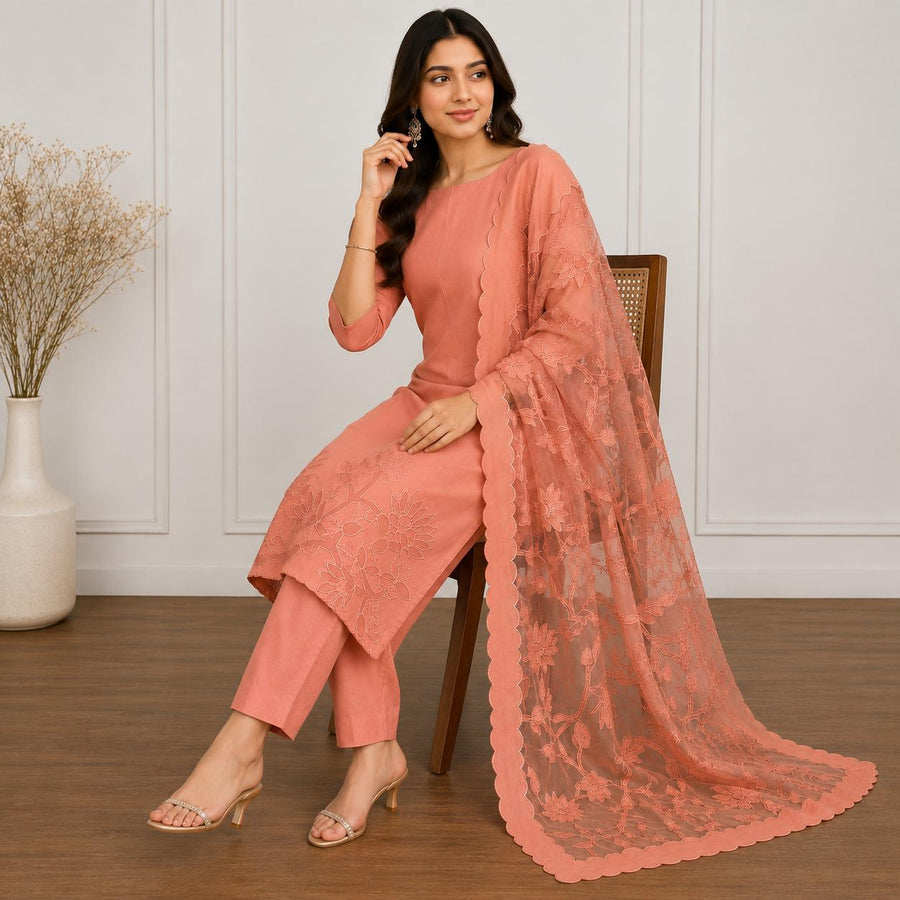 Embroidered 3-Piece Kurta Set with Scalloped Dupatta