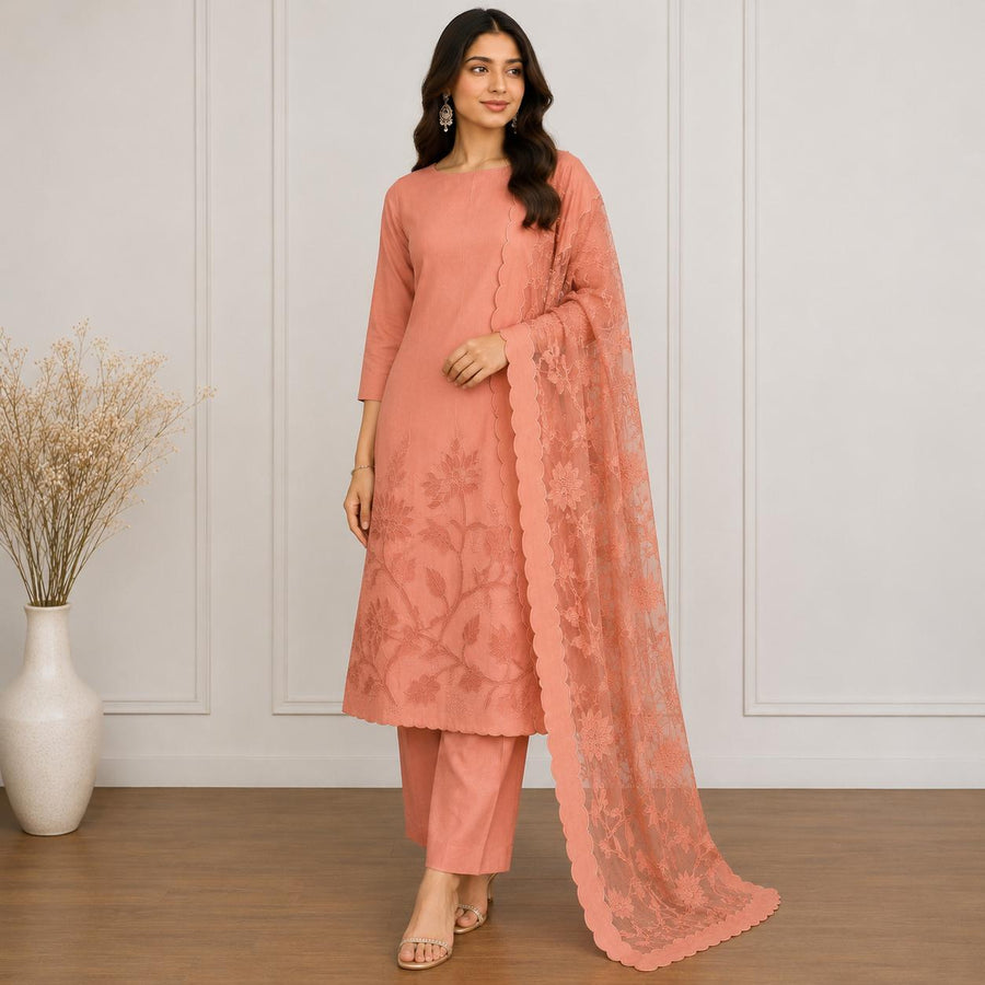 Embroidered 3-Piece Kurta Set with Scalloped Dupatta