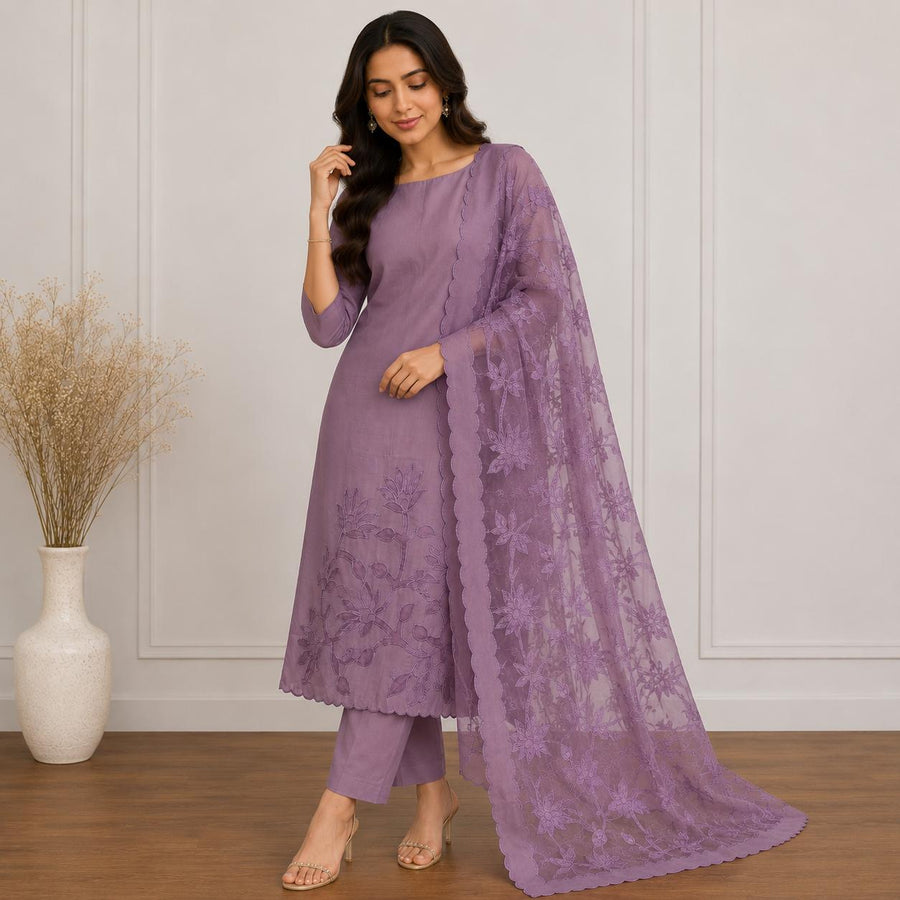 Embroidered 3-Piece Kurta Set with Scalloped Dupatta