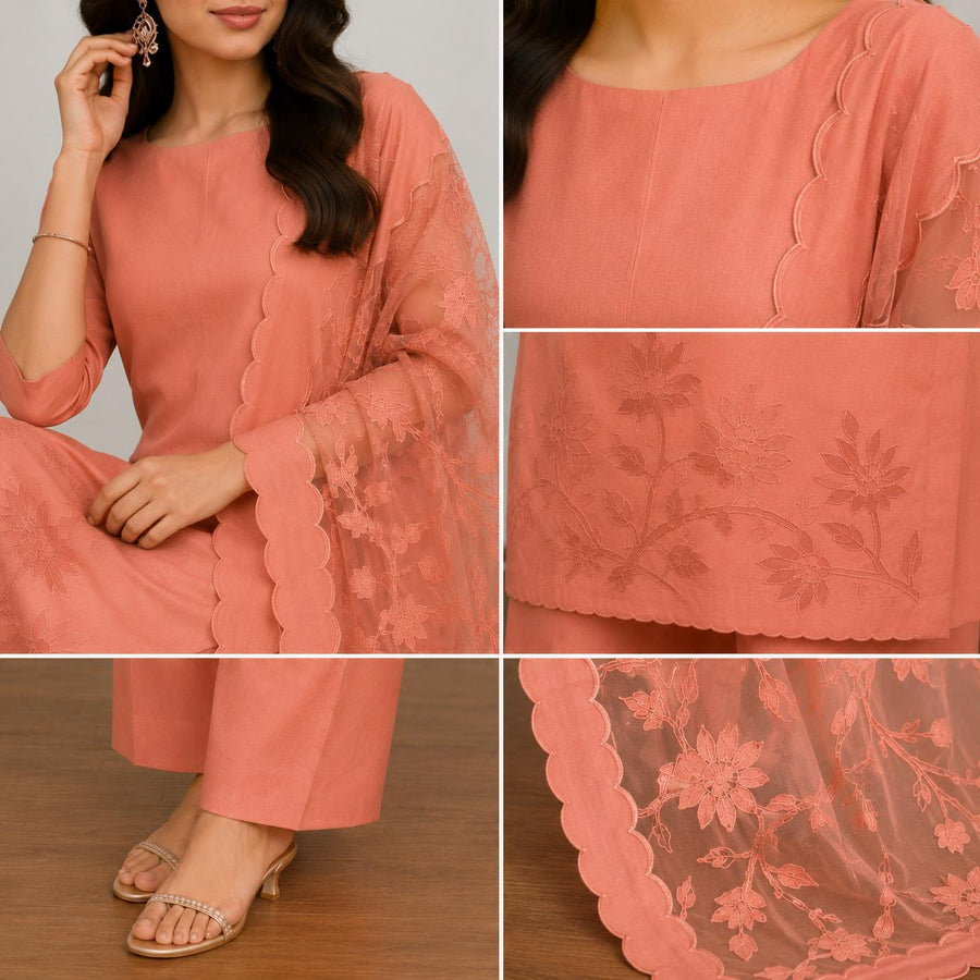 Embroidered 3-Piece Kurta Set with Scalloped Dupatta