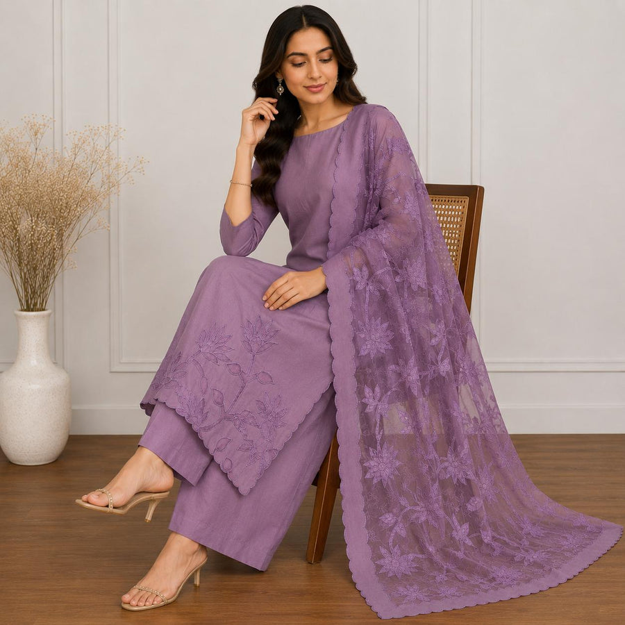 Embroidered 3-Piece Kurta Set with Scalloped Dupatta