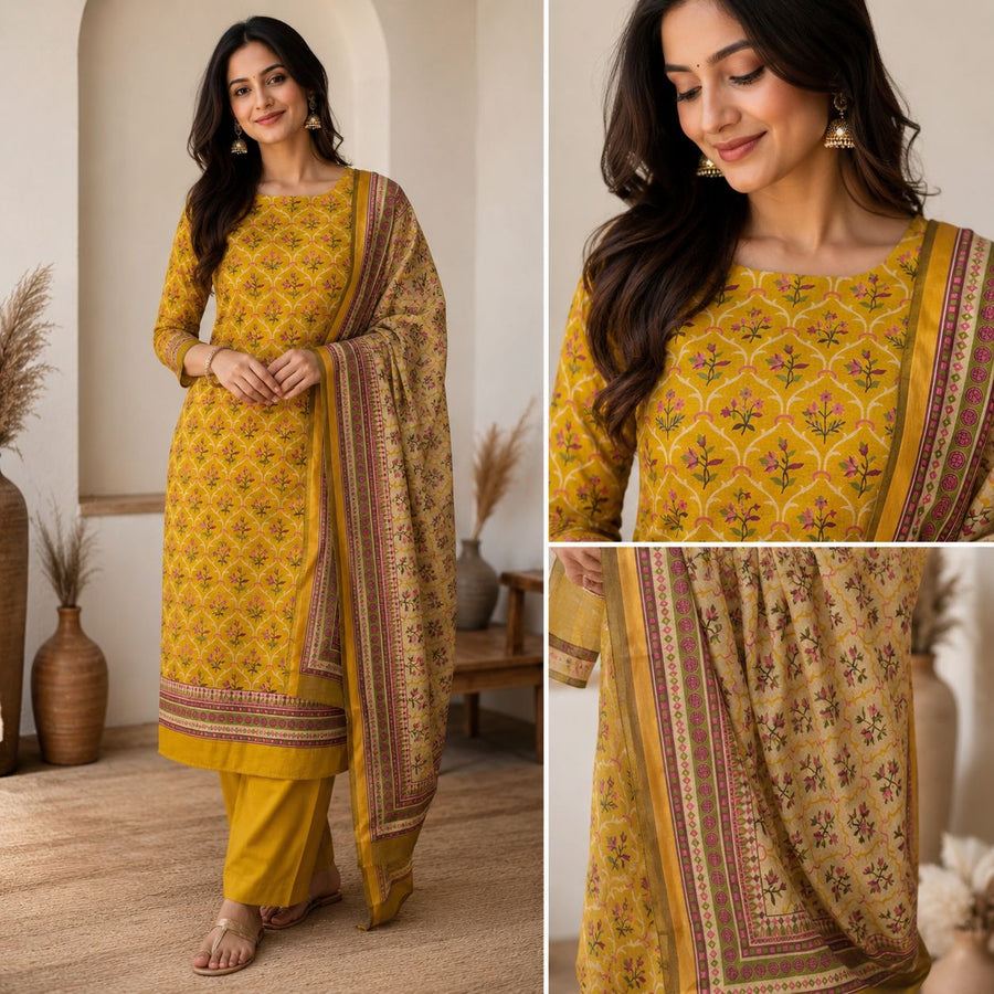 Mustard Bloom Printed Cotton Suit Set