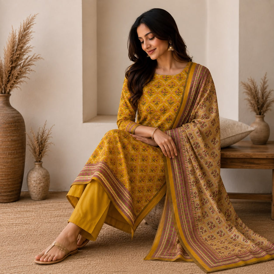 Mustard Bloom Printed Cotton Suit Set