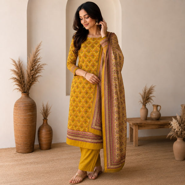 Mustard Bloom Printed Cotton Suit Set