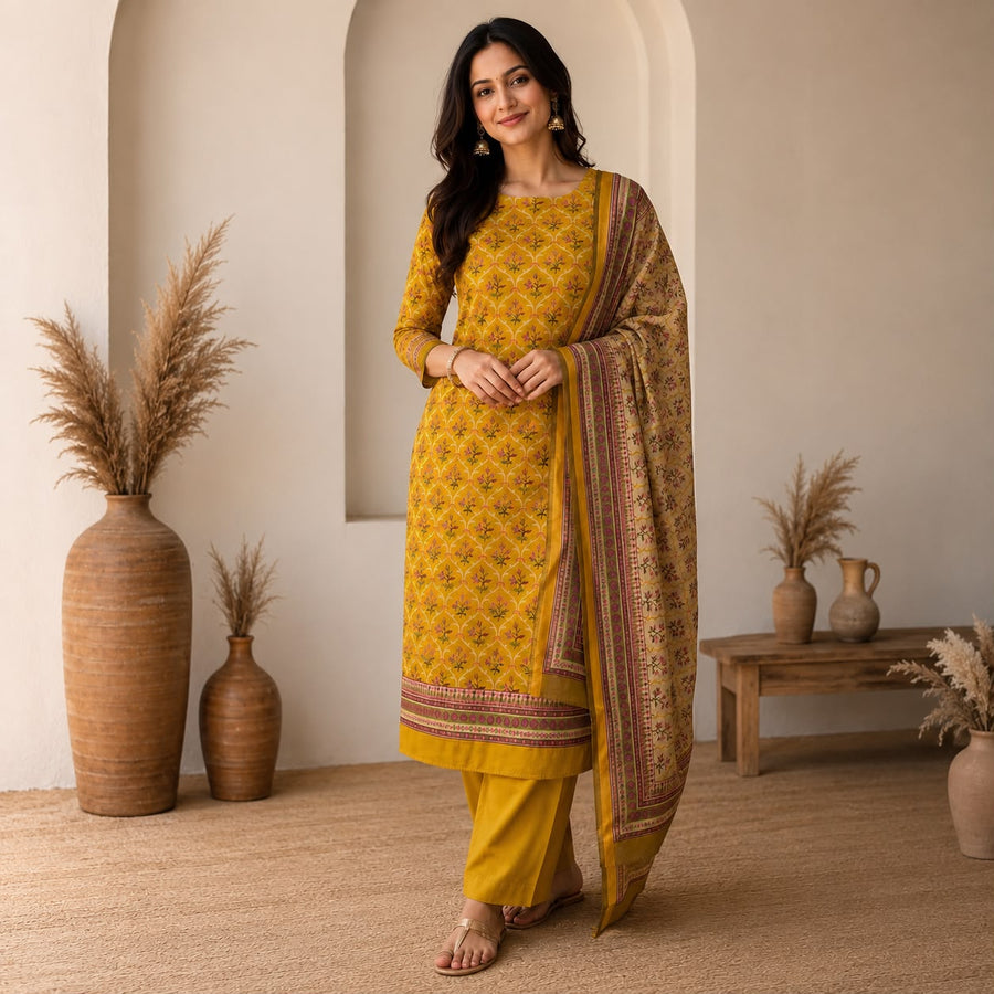 Mustard Bloom Printed Cotton Suit Set